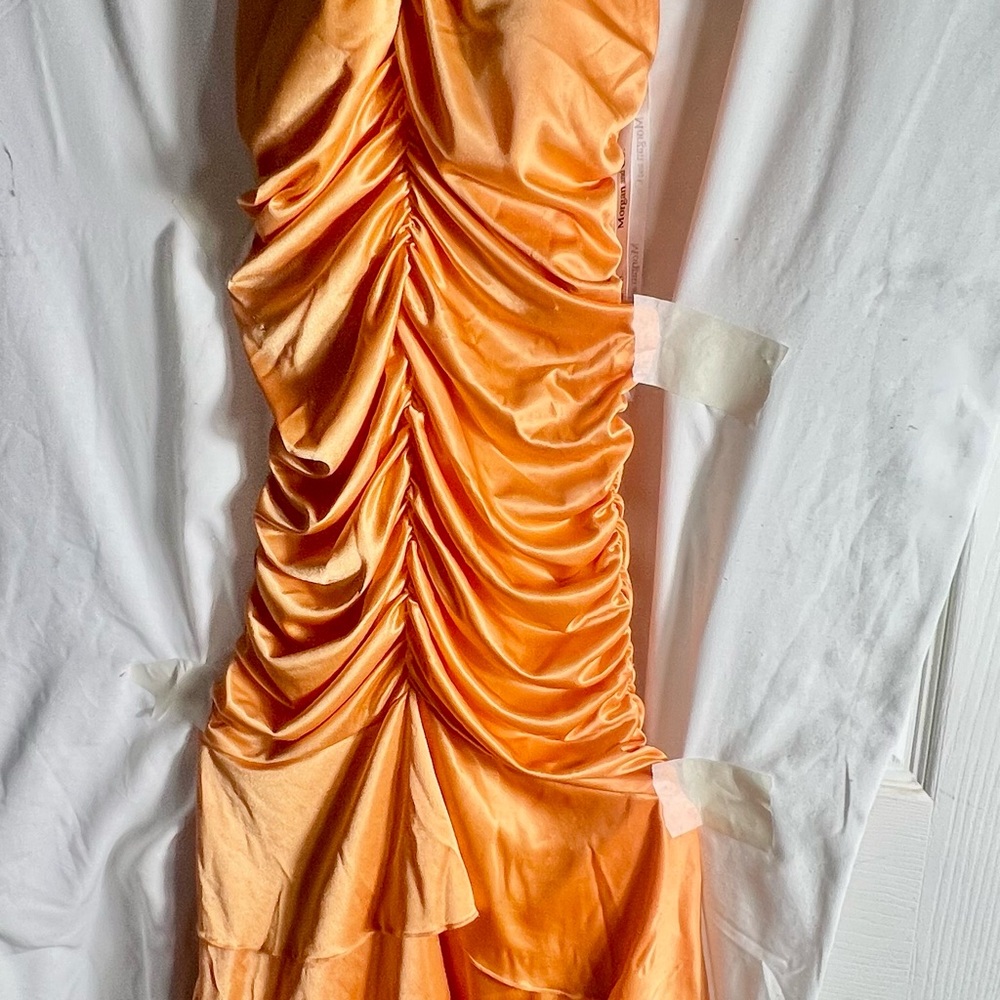 Orange Ruched Satin V-Neck Women’s Dress